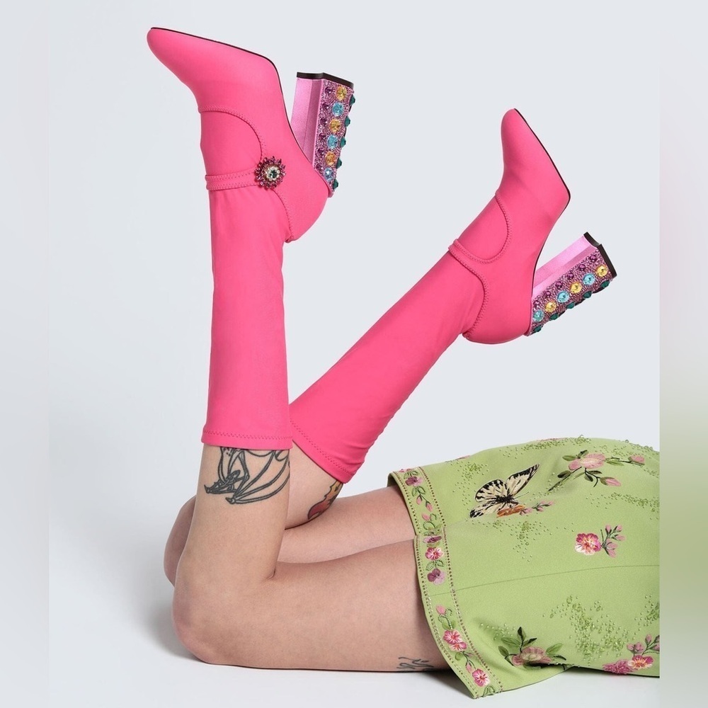 NIB Dolce & Gabbana Pink Nylon Crystal Vally High Boots Jewel Embellished 37
